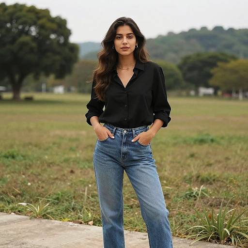 Photograph of a confident woman with long dark hair, wearing a black blouse and high-waisted blue jeans, standing in a grassy park.
