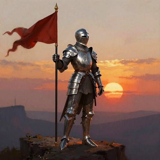 Photograph-like CGI of a medieval knight in shining silver armor, holding a red flag, standing on a cliff at sunset.