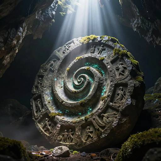 Glowing Spiral Fate Symbols in Cave
