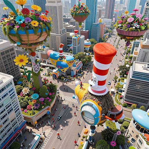 Vibrant, CGI cityscape featuring whimsical, floating flower pots and oversized, colorful striped lighthouse amidst towering skyscrapers and bustling streets.