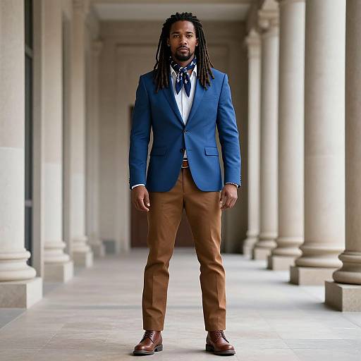 Confident man in blue blazer and brown pants in classical hallway