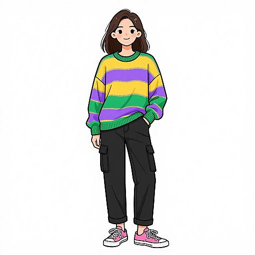 Smiling Woman in Colorful Streetwear