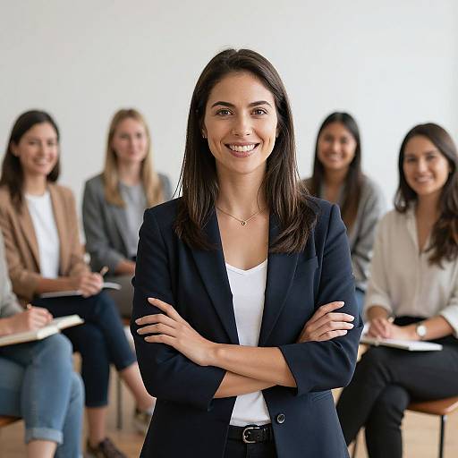 Photograph of a smiling woman with medium-length brown hair, wearing a navy blazer and white top, standing with arms crossed, in front of four