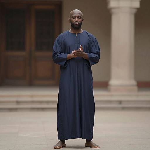 Photograph of a solemn, bald Black man with a beard, wearing a long, dark blue robe, standing barefoot, clasping hands, against