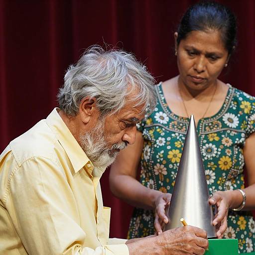 Focused Duo Against Red Curtain Backdrop