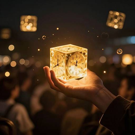 Luminous Cube of Time Amidst Flickering Lights