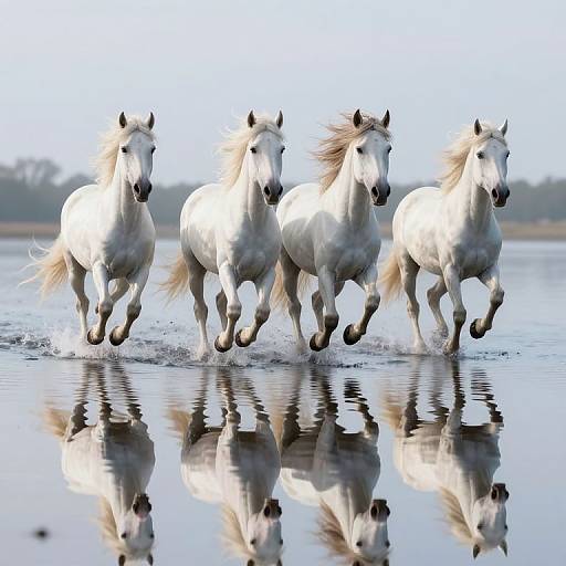 Photograph of four white horses galloping side-by-side in shallow water, creating reflective ripples, against a clear blue sky.