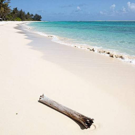 Photograph of a pristine, white sandy beach with turquoise waters, a lone wooden log in the foreground, and palm trees in the background under a clear