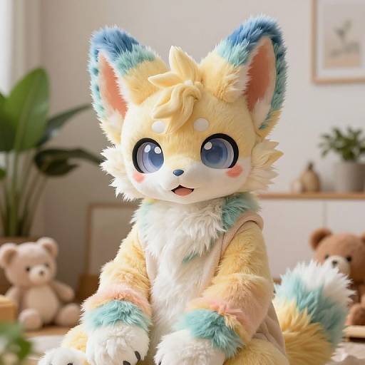 Cute CGI anthropomorphic fox with blue and yellow fur, large blue eyes, wearing a tan sleeveless outfit, in a bright, plant-filled room