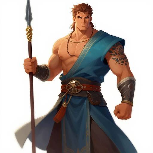 Muscular, brown-haired warrior with tattoos, blue sash, black arm bracers, and bead necklace, holding a spear, digital art style.