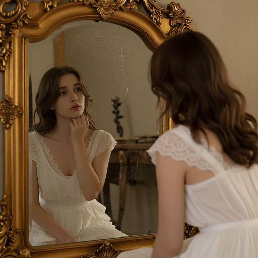 A young woman with wavy brown hair reflects in an ornate golden mirror, wearing a white lace dress, in a softly lit room. Photograph.