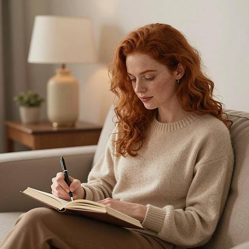 Serene Scene: Red-Haired Writer at Home