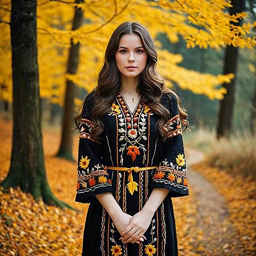 Young Woman in Traditional Autumnal Embroidered Dress in Forest