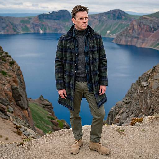 Photograph of a serious-looking man in a dark plaid coat, gray sweater, olive pants, and tan boots standing on a rocky cliff overlooking a