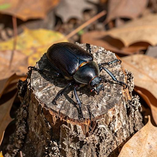 Photograph of a shiny black beetle with orange-tinted legs resting on a textured tree stump amidst blurred brown and yellow fallen leaves.