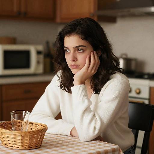 Pensive Young Woman in Cozy Kitchen