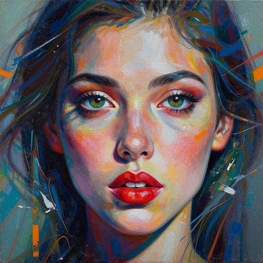 Vibrant, digital painting of a young woman with striking green eyes, bold red lips, and colorful, abstract background, featuring intense brushstrokes