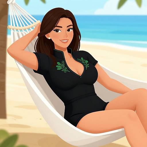 Digital illustration of a smiling woman with brown hair, wearing a black dress with green embroidery, lounging in a white beach hammock on a sunny beach