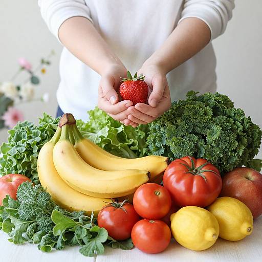 Photograph of a person's hands holding a red strawberry above a colorful array of bananas, tomatoes, kale, lemons, and lettuce.