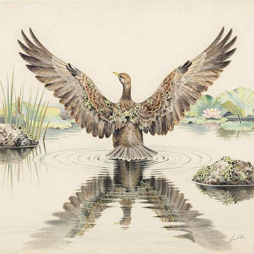 Lake Heron with Wings Spread on Calm Water