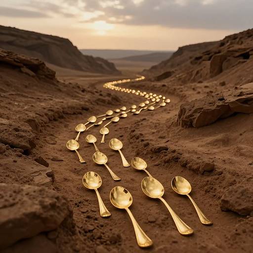 Photograph of a golden spoon trail stretching through a desert canyon at sunset, with sunlight reflecting off the spoons.