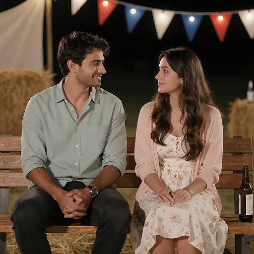 String-Lit Night Bench Romance with Flags