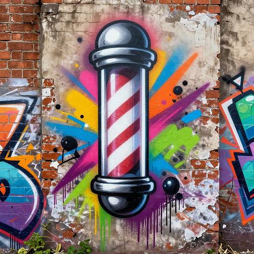 Vibrant graffiti on a weathered brick wall featuring a bold, silver barber pole with red and white stripes, surrounded by colorful splashes and abstract