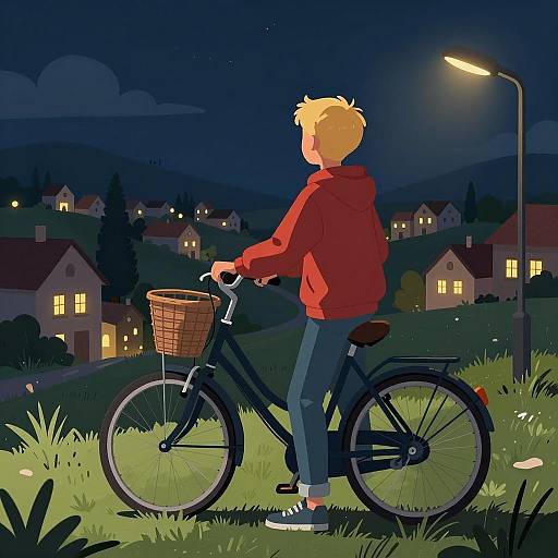 Moonlit Village Scene with Boy and Bicycle