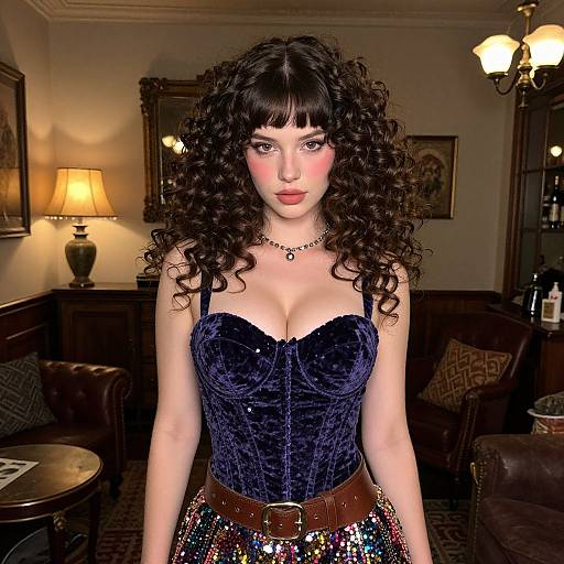 Photorealistic digital image of a fair-skinned woman with curly black hair, wearing a dark blue velvet corset, sequined skirt, and ch