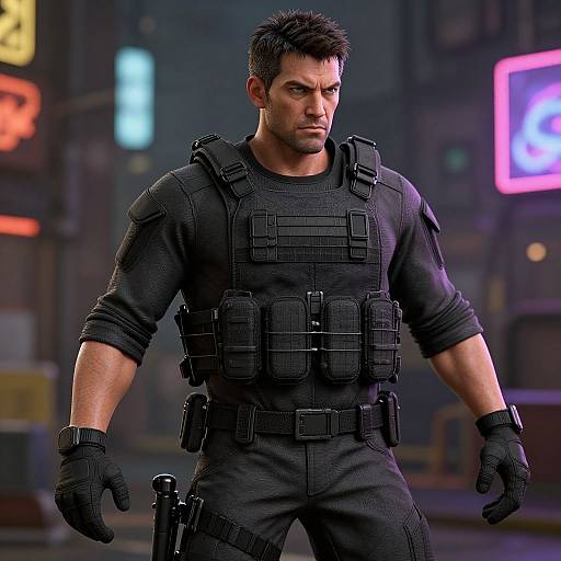 Photorealistic CGI of a muscular, dark-haired man in black tactical gear, neon cityscape background, serious expression, holding a firearm.