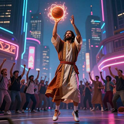 Photorealistic CGI: Bearded man in ancient Roman attire, holding glowing basketball, standing in futuristic neon-lit city, crowd cheering.