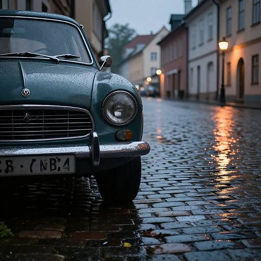 Photograph of a vintage blue classic car with raindrops on cobblestone street, illuminated by street lamps in a European town at dusk.
