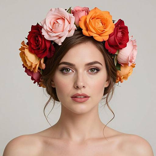 Photograph of a fair-skinned, green-eyed woman with a floral crown of pink, red, and orange roses, wearing minimal makeup against a plain