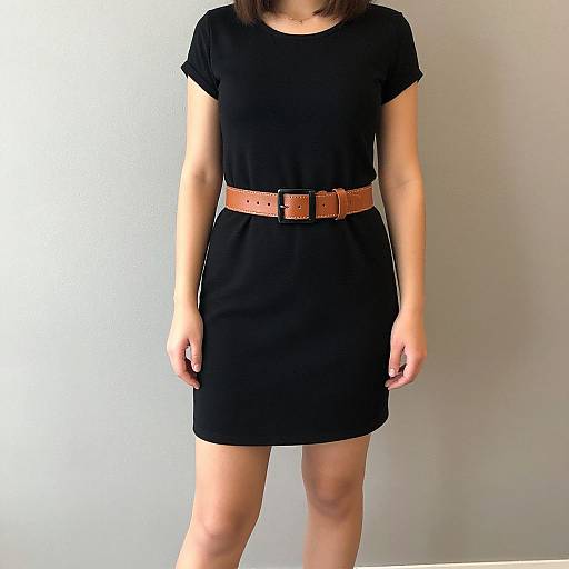 Photograph of a woman wearing a black short-sleeve dress and a brown leather belt, standing against a plain white background.