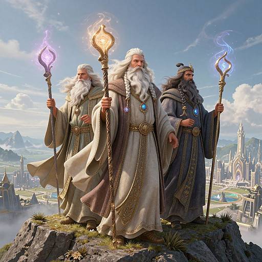 Three bearded, white-haired wizards with glowing staffs stand on a rocky outcrop, overlooking a fantasy cityscape with mountains and blue sky.