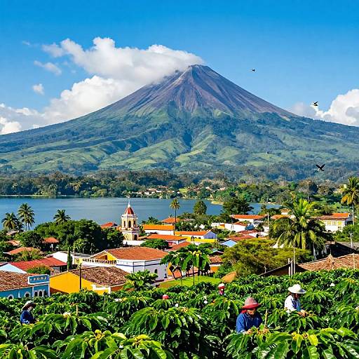 Vibrant photograph of a lush tropical town with red-roofed buildings, palm trees, and a towering green mountain under a bright blue sky.