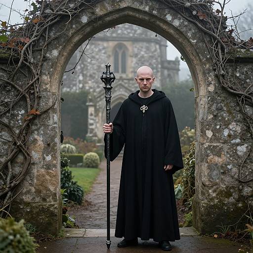 Photograph of a bald, pale-skinned man in a black hooded robe holding a black staff, standing under a moss-covered stone archway with