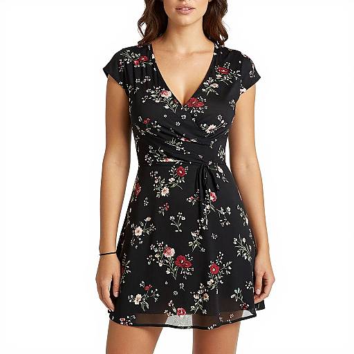 Photograph of a woman wearing a black, short-sleeved V-neck floral dress with red, pink, and white flowers, standing against a white