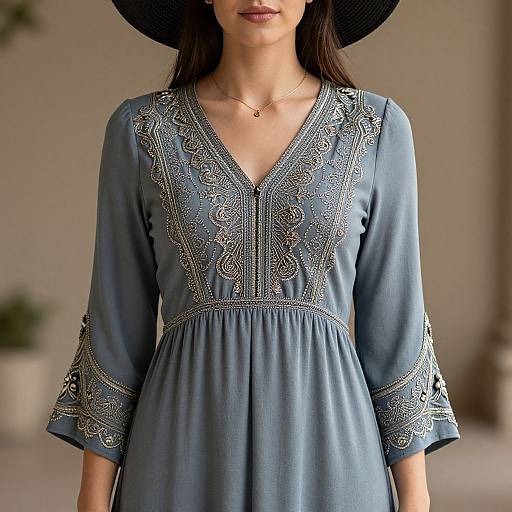 Photograph of a woman in a blue, embroidered, V-neck dress with three-quarter sleeves, wearing a black hat and delicate necklace. Blurred indoor