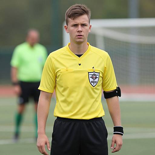 Photograph of a young male soccer referee in a yellow shirt and black shorts, standing on a field with a blurred background and another person in a neon