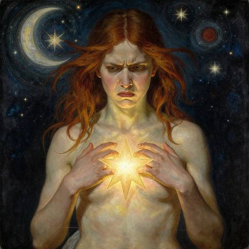 Digital painting of a topless, fair-skinned woman with long red hair, holding a glowing star in her hands against a dark, starry sky