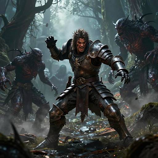Digital artwork of a fierce, armored warrior with wild hair, snarling, surrounded by dark, monstrous creatures in a misty, forested battlefield
