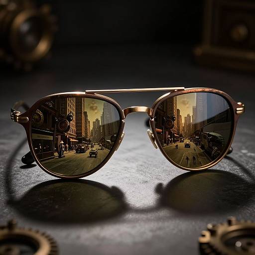 Photograph of sleek, gold aviator sunglasses reflecting a bustling city street with tall buildings, cars, and a sunset sky. Shadows cast on a dark