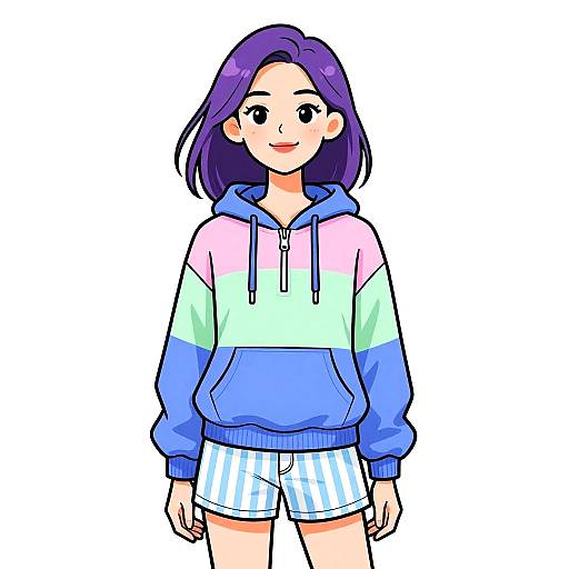 Digital anime-style drawing of a smiling girl with purple hair, wearing a pastel rainbow hoodie and white striped shorts, standing against a plain white background.