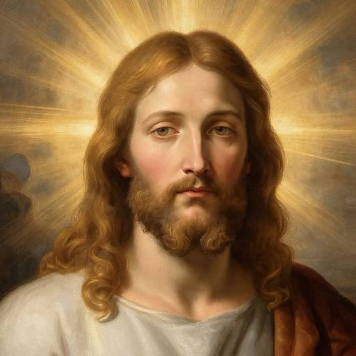 Digital painting of Jesus Christ with long, wavy brown hair, beard, and a halo of radiant golden light against a dark background.