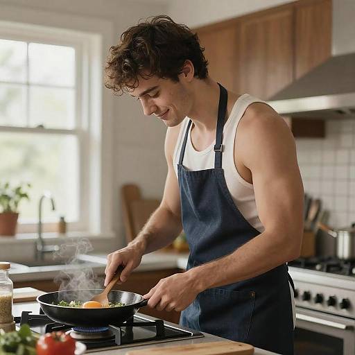 Young man cooking with apron in kitchen