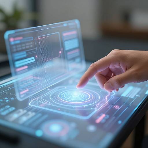 Photograph of a hand touching a glowing, holographic interface on a tablet, displaying digital blue and pink lines, with blurred office background.