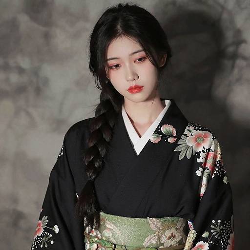 Photograph of an East Asian woman with pale skin, black braided hair, red lipstick, wearing a black floral kimono with green obi,
