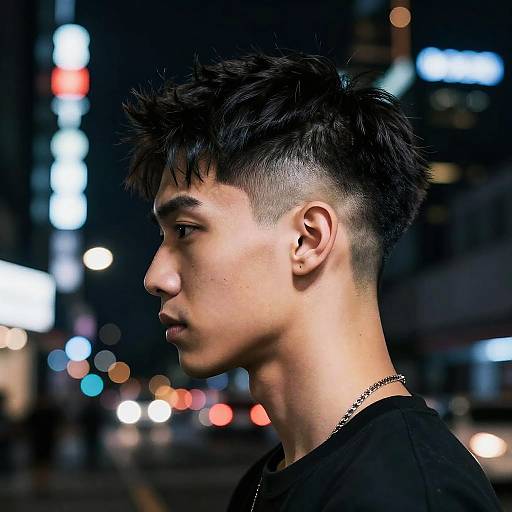 Photograph of a young Asian man with short, spiky black hair and a shaved side, profile view, wearing a black shirt and silver necklace,