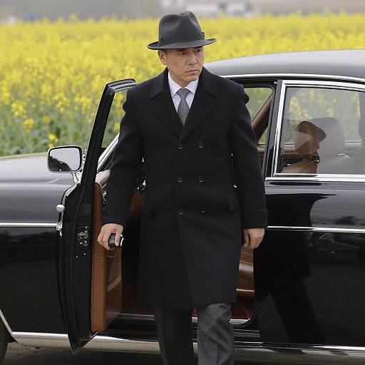 Man in Overcoat Exiting Vintage Car